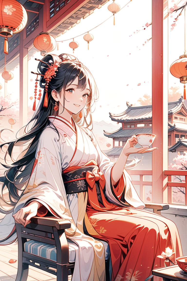 1girl, solo, A female general from ancient China, dressed in Hanfu, sits on a chair in an East Asian-style inn. Outside the window is a lively festival with lanterns, crowds, and fireworks lighting up the night. She has black hair, a confident smile, and bright eyes, looking directly at the camera. In the distant background, petals are floating. She holds a teacup in her hand.