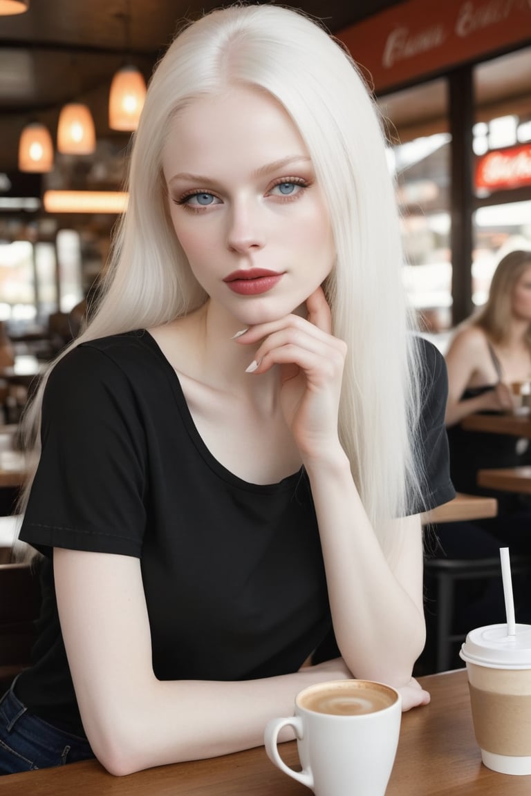 Albino woman, with perfect skin (extremely white skin), realistic, hyper-realistic skin, perfect eyes, thin complexion, split chin, ((long white hair), (extremely white eyebrows), (extremely white eyelashes). Natural makeup, Photography Ultra-realistic full body, high resolution Hands with long nails, perfect hands Wearing a ((black top)) and jeans, sitting in a restaurant ((drinking coffee)).


  full body full body full body full body full body

  coffee coffee coffee coffe 

black top black top black top black top black top black 