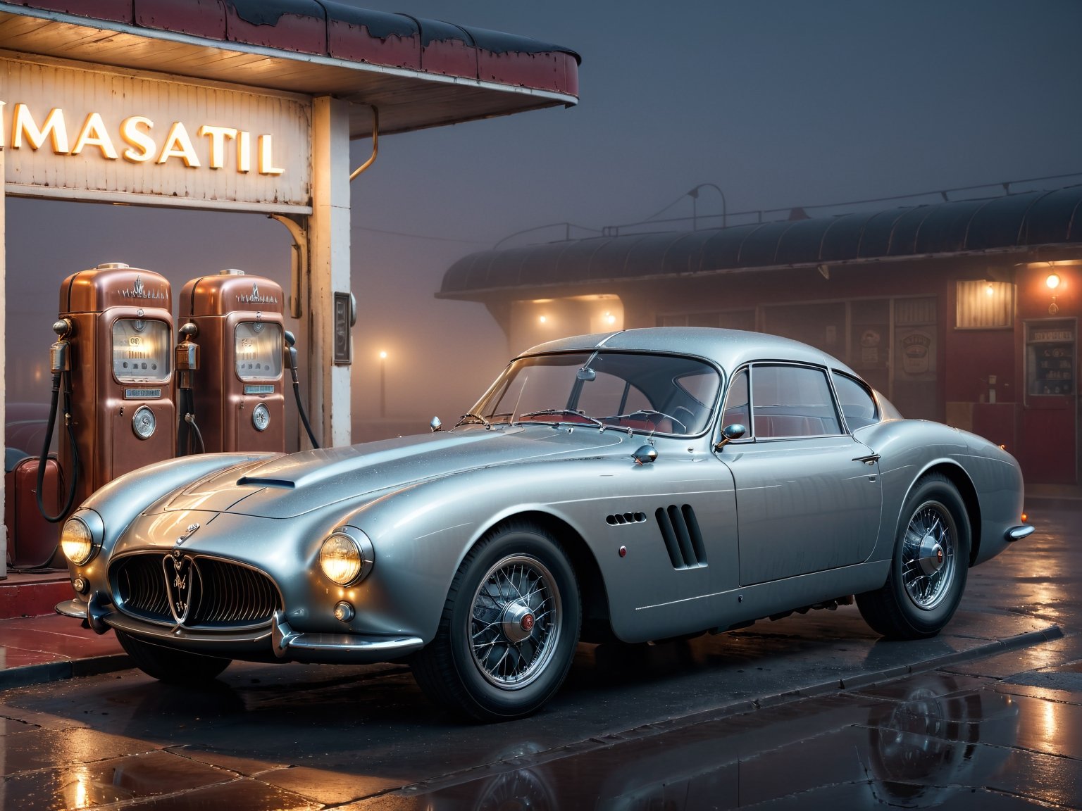 Raw high quality 4k, Bronse_copper metallic color, MASERATI A6GCS BERLINETTA 1953 – 1955 (oldtimer), black leather interior, doors closed, urban, 1950s, steampunkstyle, more details, more realistic, proportional, 8K, HD,Realism, side angel, same front seats, no letters, polished, side view, In the foggy dessert  a retro gas station, cinematic moody atmosphere, evening,Portrait,Cinematic ,Extremely Realistic,c_car,science fiction, same headlight shape,Concept Cars,blood and black, Epic style