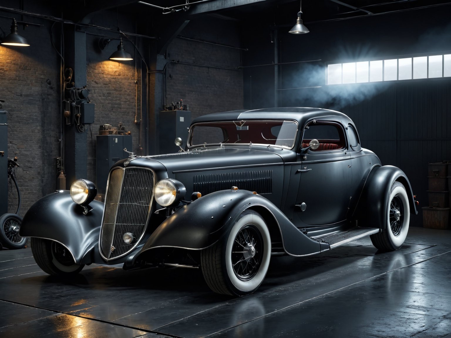 Raw high quality 4k, Dark Black metallic color (black mat accent), Classic Hotrod (oldtimer) , urban, 1960s, steampunkstyle, more details, more realistic, proportional, 8K, HD,Realism, side angel, same front seats, no letters, polished, side view, dark garage, cinematic moody atmosphere, evening,Portrait,Cinematic ,Extremely Realistic,c_car,science fiction, same headlight shape,Concept Cars