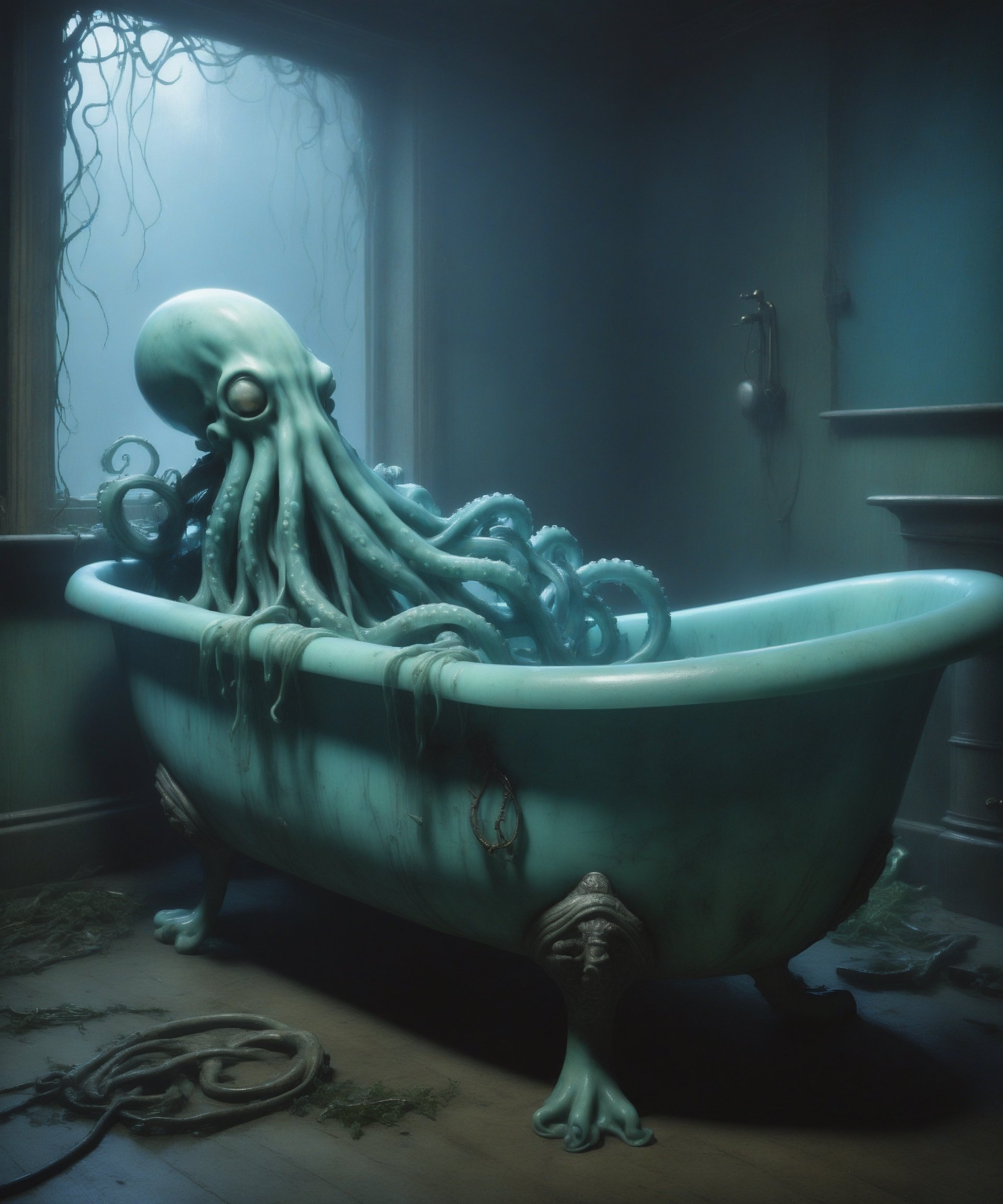 - Blue-greenish cinematic luminated, Abandoned clawfoot bathtub, octopus crawling out of the bathtub, steamy (damp) all over, by Arthur Rackham,ghost person,more detail XL