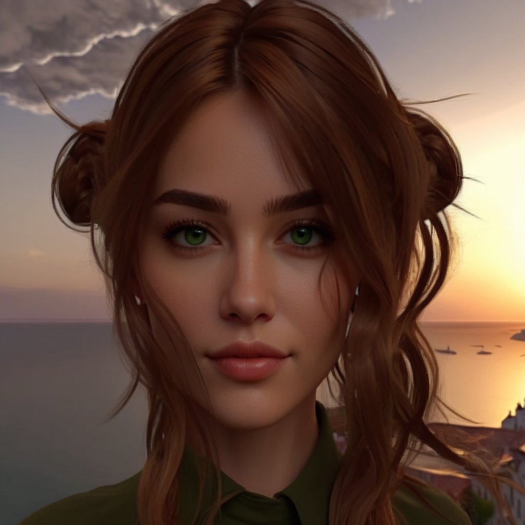 Perfect portrait , masterpiecece 8k, nice details, sharp, green eyes, european woman, background epic clouds