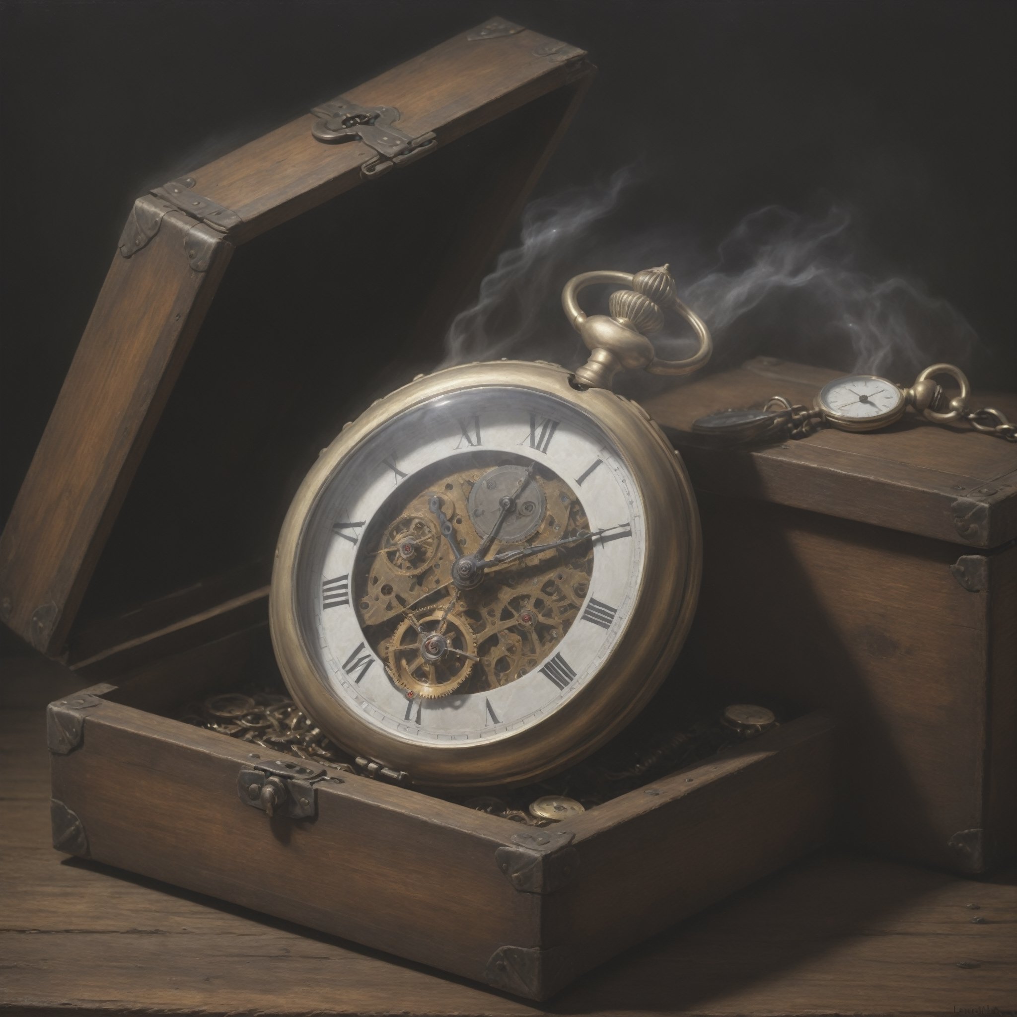 A masterful photograph captured by a renowned photographer, showing a(masterpiece,  best quality:1.4),  (extremely detailed,  8k,  uhd),  oil painting,  English railway pocketwatch ((silver with white enamel dial)) laying in a retro wooden old box,  highly detailed, Dark evening, shadows, moody light, solo,  single,  Style Evert Thielen,  Very Dark background,  moody,  very stylisch,  realism painting,Monster,HellAI,Leonardo Style,steampunk style