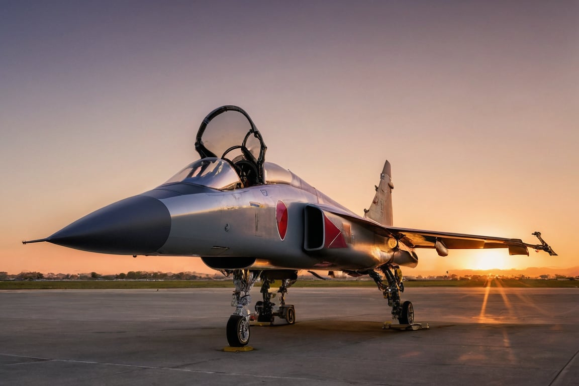 A sleek, modern fighter jet stands majestically on the apron, its metallic body gleaming in the warm light of the setting sun.  The aircraft's sharp lines and pointed nose are sharply defined against the vibrant colors of the sunset,Mitsubishi T2