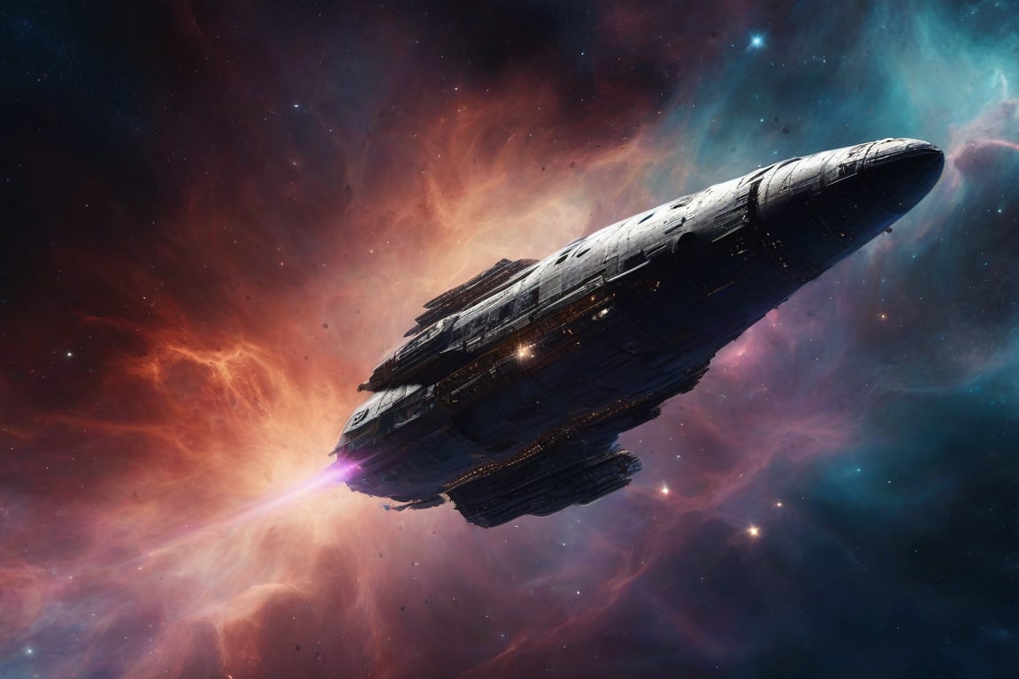 Spaceship emerging from a nebula, deep space, Extremely Realistic