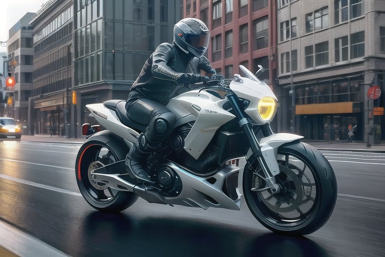 futuristic motorcycle, male rider, riding fast down a city street, low shutterspeed, tracking shot, front three-quarter view, 8k highly professionally detailed, high resolution, award-winning, intricate, highly detailed, HDR, smooth, in focus, photorealistic