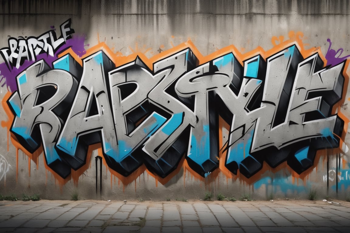 a rough cement wall with graffiti of the words "Rapstyle" , photorealistic, 4k, high resolution, award-winning, intricate, highly detailed, sharp focus