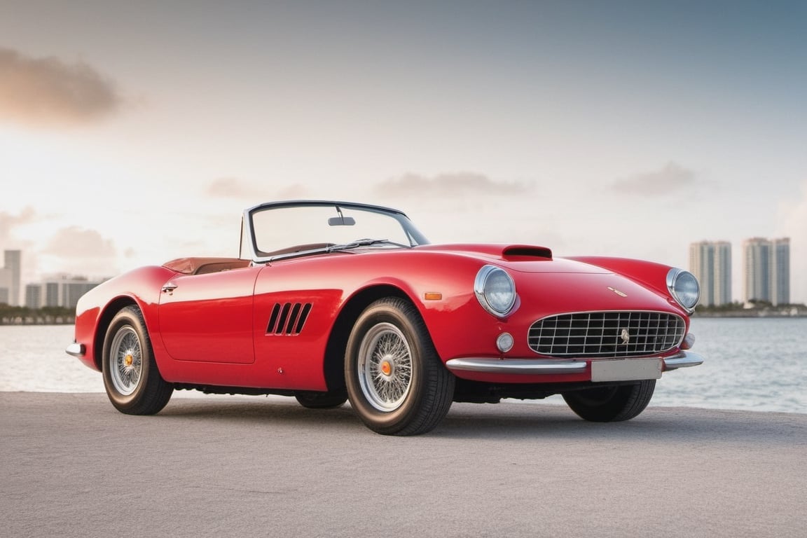    A red Ferrari 250 Gt California on the Miami Waterfront. Vibrant saturated colours, rule-of-thirds layout, anime style, APEX SUPER CARS XL ,H effect