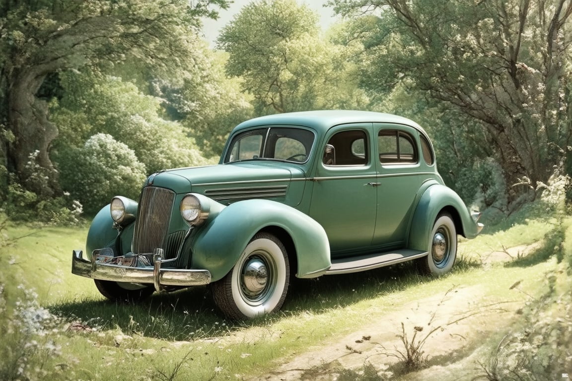 1938 Buick. Painting in the style of John William Waterhouse. Rule of thirds layout. Watercolour painting, vibrant, high contrast, painterly, detailed, textural, artistic.

