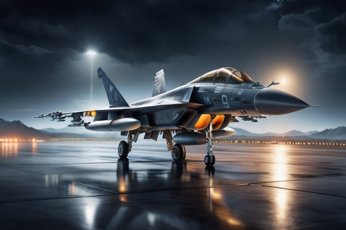 A jet fighter ready for take-off at night. Airbrush, 8k highly professionally detailed, high resolution, award-winning, detailed, in focus, photorealistic