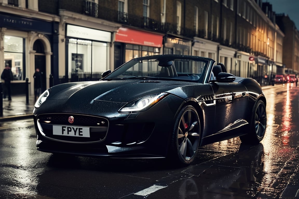 Black Jaguar F-type on a wet London street at night.