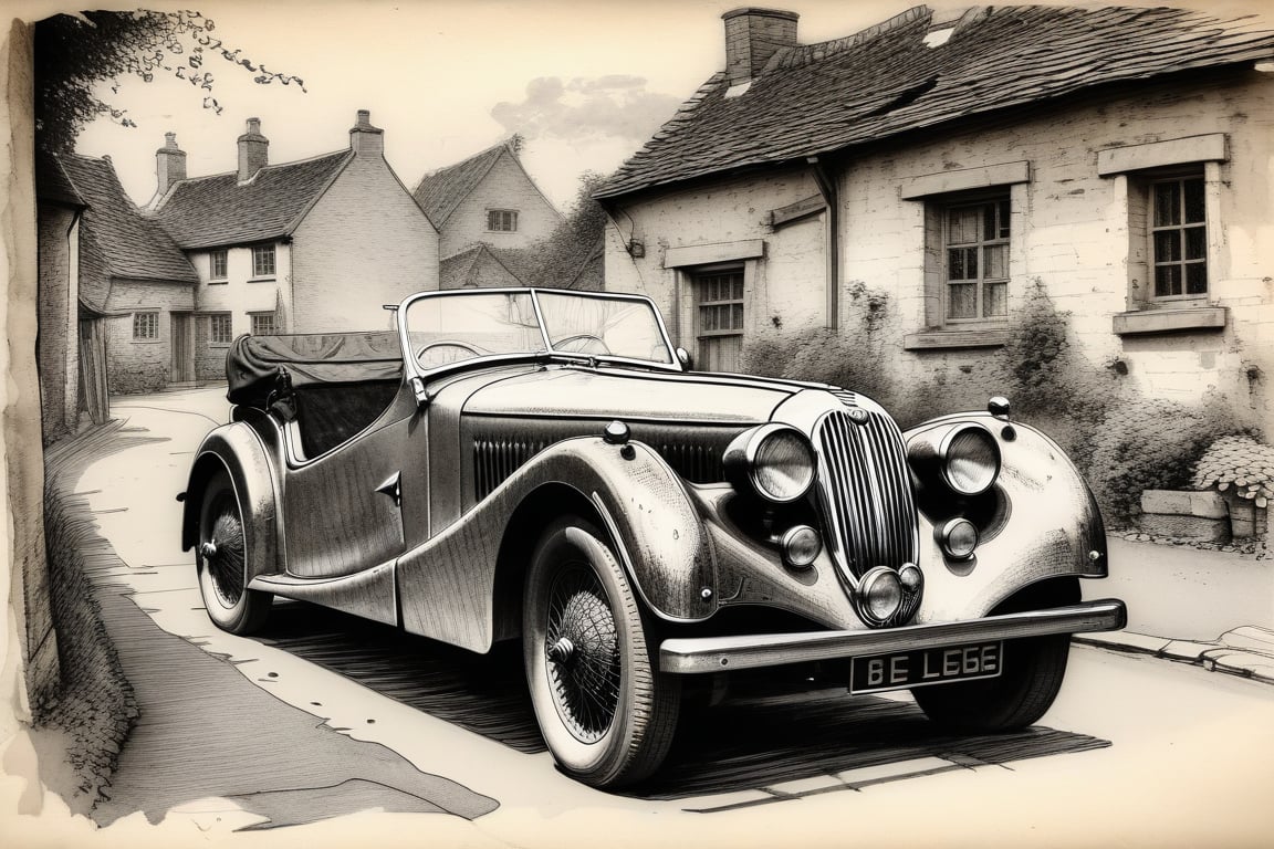 A vintage 1936 Jaguar in an English village. Ink sketch, ink wash, old crumpled paper with torn edges