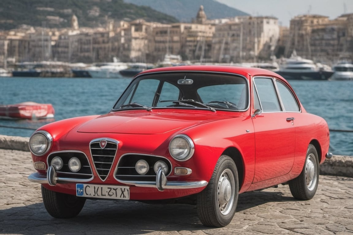 A classic Alfa Romeo Giulietta Coupé on the Palermo waterfront. Professional photo, shallow depth of field, rule-of-thirds layout, photorealistic, APEX SUPER CARS XL ,H effect