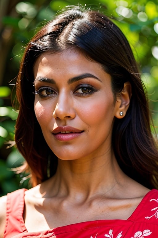 A photo of a pretty woman chitrangada Singh, with long hair, bored, She wears a sleeveless blouse with colorful patterns, closeup portrait, 85mm lens, (analog, cinematic, film grain:1.3), (walking on a forest trail), ((detailed eyes)), (epicPhoto), (color picture:1.1), makeup, (looking at viewer)