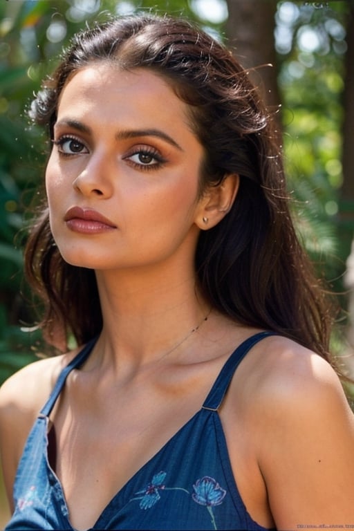 A photo of a pretty woman with long hair, bored, She wears a sleeveless blouse with colorful patterns, armpits, closeup portrait, 85mm lens, (analog, cinematic, film grain:1.3), (walking on a forest trail), ((detailed eyes)), (epicPhoto), (color picture:1.1), makeup, (looking at viewer)