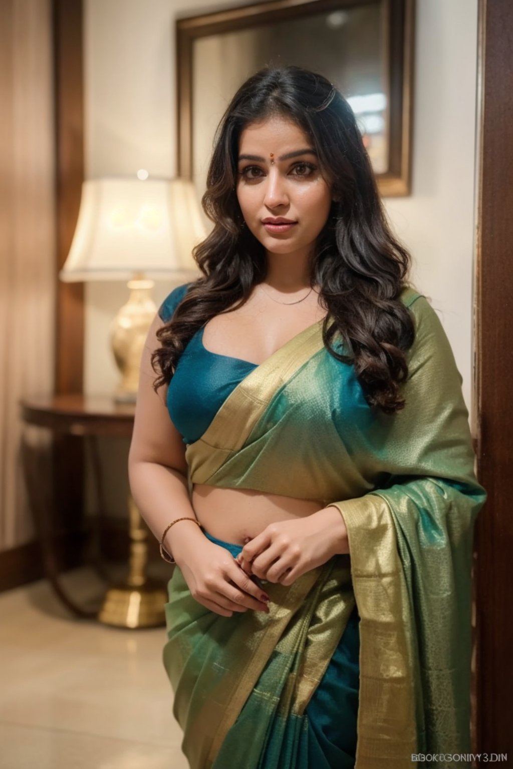 Candid Portrait of a chubby woman, saree, sleeveless, cleavage, very long curly hairs, long curly hairs,, shot with nikon 35 mm prime lens, f/1.8, bokkeh,, indoors, beautifully decorated, realism, volumetric lighting, (masterpiece:1.2), (insane quality:1.4), (flawless composition:1.5), (hdr:1.3) , professional photography, (Professional Color Grading), Edge Lighting,Dramatic lighting,Cinematic lighting,Lumen reflections, Soft natural lighting, Soft color, Photon mapping, Radiosity,