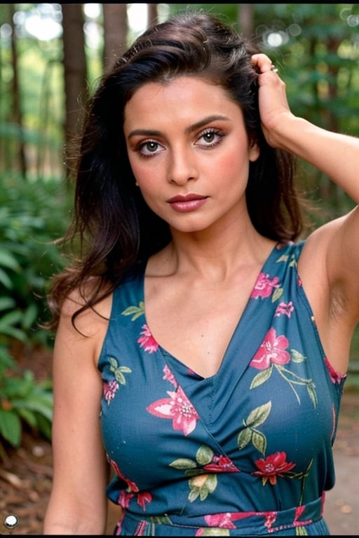 A photo of a pretty woman with long hair, bored, She wears a sleeveless blouse with colorful patterns, armpits, closeup portrait, 85mm lens, (analog, cinematic, film grain:1.3), (walking on a forest trail), ((detailed eyes)), (epicPhoto), (color picture:1.1), makeup, (looking at viewer)