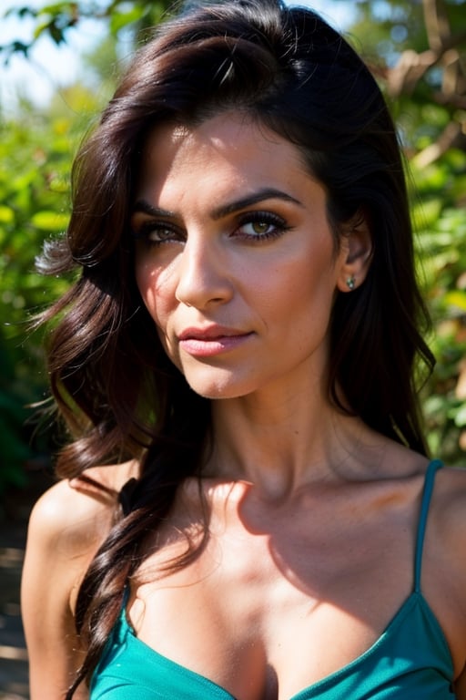 A photo of a pretty woman with long hair, bored, She wears a strappy dress, spaghetti straps, a woman, perfect hair, closeup portrait, 85mm lens, (analog, cinematic, film grain:1.3), (walking on a forest trail), ((detailed eyes)), (epicPhoto), (color picture:1.1), makeup, (looking at viewer)