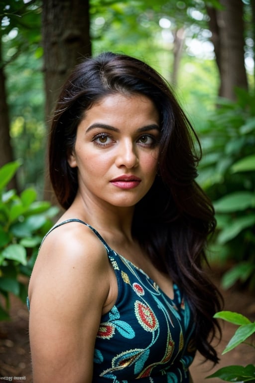 A photo of a pretty woman with long hair, bored, She wears a sleeveless blouse with colorful patterns, closeup portrait, 85mm lens, (analog, cinematic, film grain:1.3), (walking on a forest trail), ((detailed eyes)), (epicPhoto), (color picture:1.1), makeup, (looking at viewer)