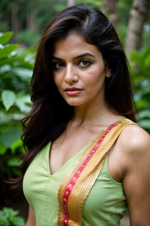 A photo of a pretty woman with long hair, bored, She wears a sleeveless blouse with colorful patterns, armpits, closeup portrait, 85mm lens, (analog, cinematic, film grain:1.3), (walking on a forest trail), ((detailed eyes)), (epicPhoto), (color picture:1.1), makeup, (looking at viewer)