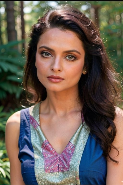 A photo of a pretty woman with long hair, bored, She wears a sleeveless blouse with colorful patterns, armpits, closeup portrait, 85mm lens, (analog, cinematic, film grain:1.3), (walking on a forest trail), ((detailed eyes)), (epicPhoto), (color picture:1.1), makeup, (looking at viewer)