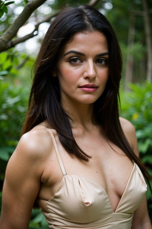 A photo of a pretty woman with long hair, bored, She wears a strappy dress, spaghetti straps, a woman, perfect hair, closeup portrait, 85mm lens, (analog, cinematic, film grain:1.3), (walking on a forest trail), ((detailed eyes)), (epicPhoto), (color picture:1.1), makeup, (looking at viewer)