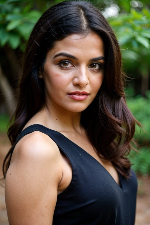 A photo of a pretty woman with long hair, bored, She wears a sleeveless blouse with colorful patterns, closeup portrait, 85mm lens, (analog, cinematic, film grain:1.3), (walking on a forest trail), ((detailed eyes)), (epicPhoto), (color picture:1.1), makeup, (looking at viewer)