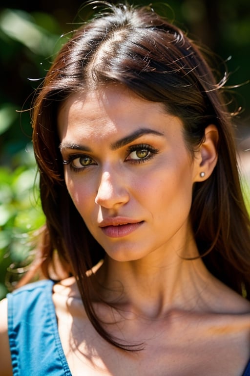 A photo of a pretty woman with long hair, bored, She wears a sleeveless blouse with colorful patterns, closeup portrait, 85mm lens, (analog, cinematic, film grain:1.3), (walking on a forest trail), ((detailed eyes)), (epicPhoto), (color picture:1.1), makeup, (looking at viewer)