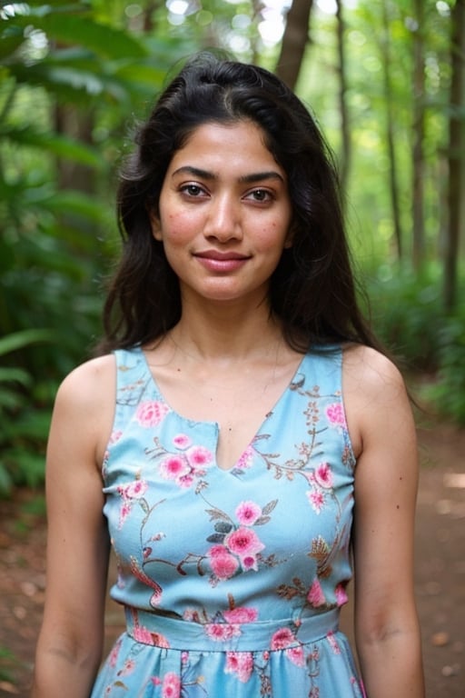 A photo of a pretty woman with long hair, bored, She wears a sleeveless blouse with colorful patterns, armpits, closeup portrait, 85mm lens, (analog, cinematic, film grain:1.3), (walking on a forest trail), ((detailed eyes)), (epicPhoto), (color picture:1.1), makeup, (looking at viewer),SaiPallavi 