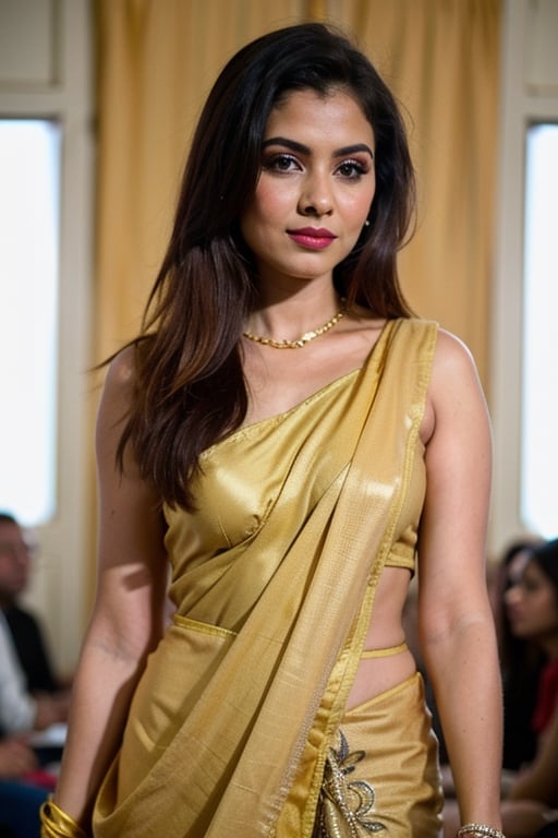 A photo of a pretty woman with long hair, bored, She wears a sleeveless sari,  a woman, perfect hair, (modern photo,  elegant haute couture model outfit, dress), closeup portrait, 85mm lens, (analog, cinematic, film grain:1.3), (walking on the runway), ((detailed eyes)), (epicPhoto), (color picture:1.1), jewelry, makeup, (looking at viewer)