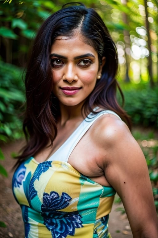 A photo of a pretty woman with long hair, bored, She wears a sleeveless blouse with colorful patterns, armpits, closeup portrait, 85mm lens, (analog, cinematic, film grain:1.3), (walking on a forest trail), ((detailed eyes)), (epicPhoto), (color picture:1.1), makeup, (looking at viewer),SaiPallavi 