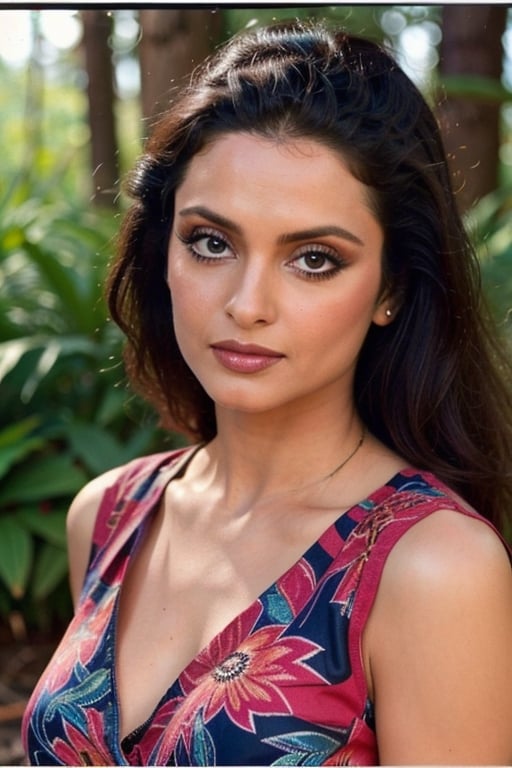 A photo of a pretty woman with long hair, bored, She wears a sleeveless blouse with colorful patterns, armpits, closeup portrait, 85mm lens, (analog, cinematic, film grain:1.3), (walking on a forest trail), ((detailed eyes)), (epicPhoto), (color picture:1.1), makeup, (looking at viewer)