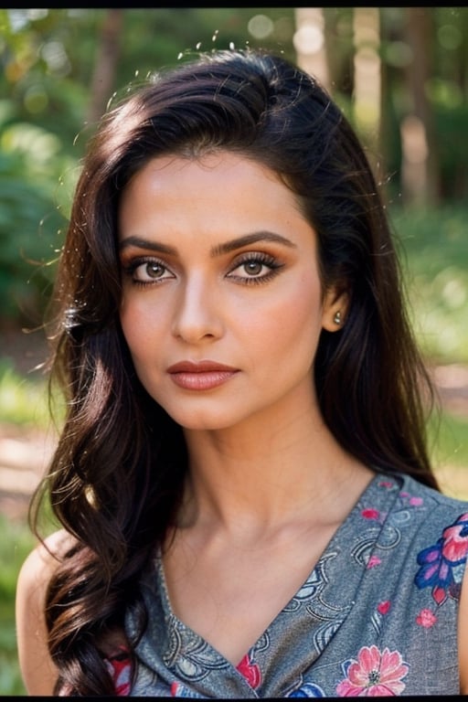 A photo of a pretty woman with long hair, bored, She wears a sleeveless blouse with colorful patterns, armpits, closeup portrait, 85mm lens, (analog, cinematic, film grain:1.3), (walking on a forest trail), ((detailed eyes)), (epicPhoto), (color picture:1.1), makeup, (looking at viewer)