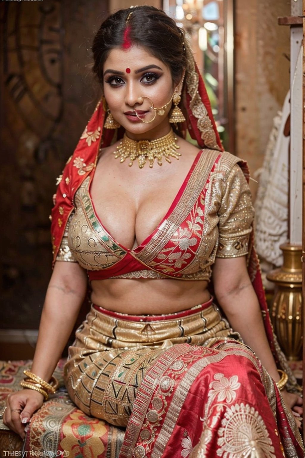 Amazingly beautiful indian bride with dazzling jewelry, sindoor on hair partings, sindoor, sindur, ornate display, sitting coyly on a stool, curvy body, large breast, deep cleavage, strapless bra, beautifully done hair, masterpiece, uhd, best quality, shot with nikon 70 mm lens, wedding photography, realism