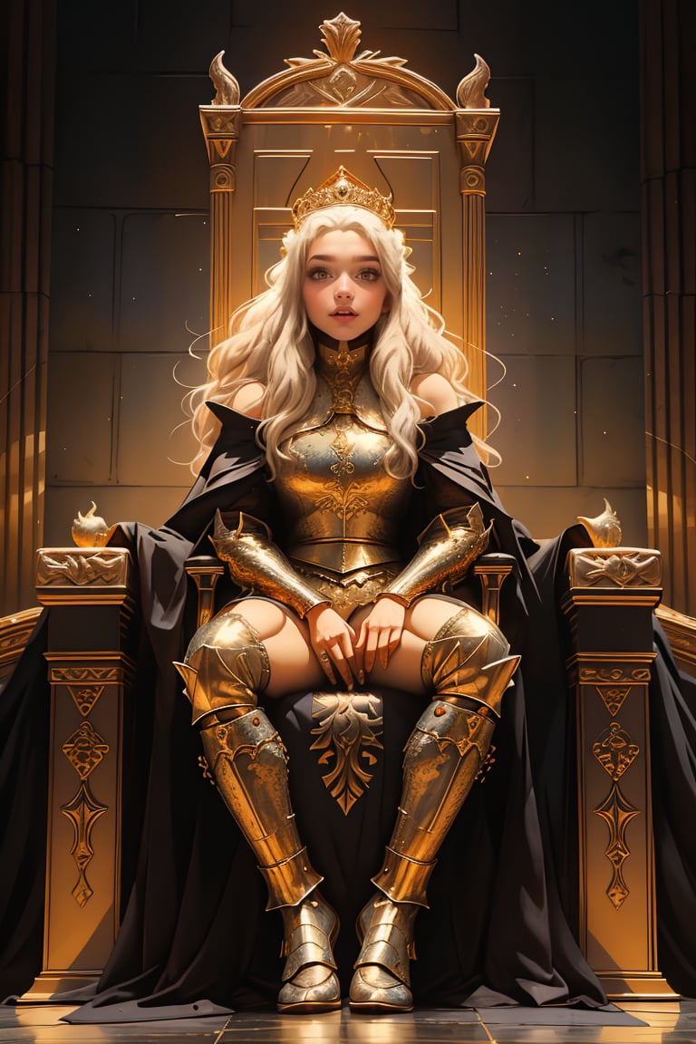 17 year old Medieval girl, daenerys targaryen, (full body), (((1woman, 1dragon))), In the background, a iron throne  is placed in the middle of a large hall in a dark palace. ((A very young and beautiful queen is sitting relaxed on the throne with a Devil laugh expression.)) A very huge black dragon is lying down and sleeping next to the throne. The queen is wearing a golden tiara and a white lace dress. , best quality, (((masterpiece))), high quality, realist, best detailed, RAW, 8K, details, DTstyle,More Detail,add