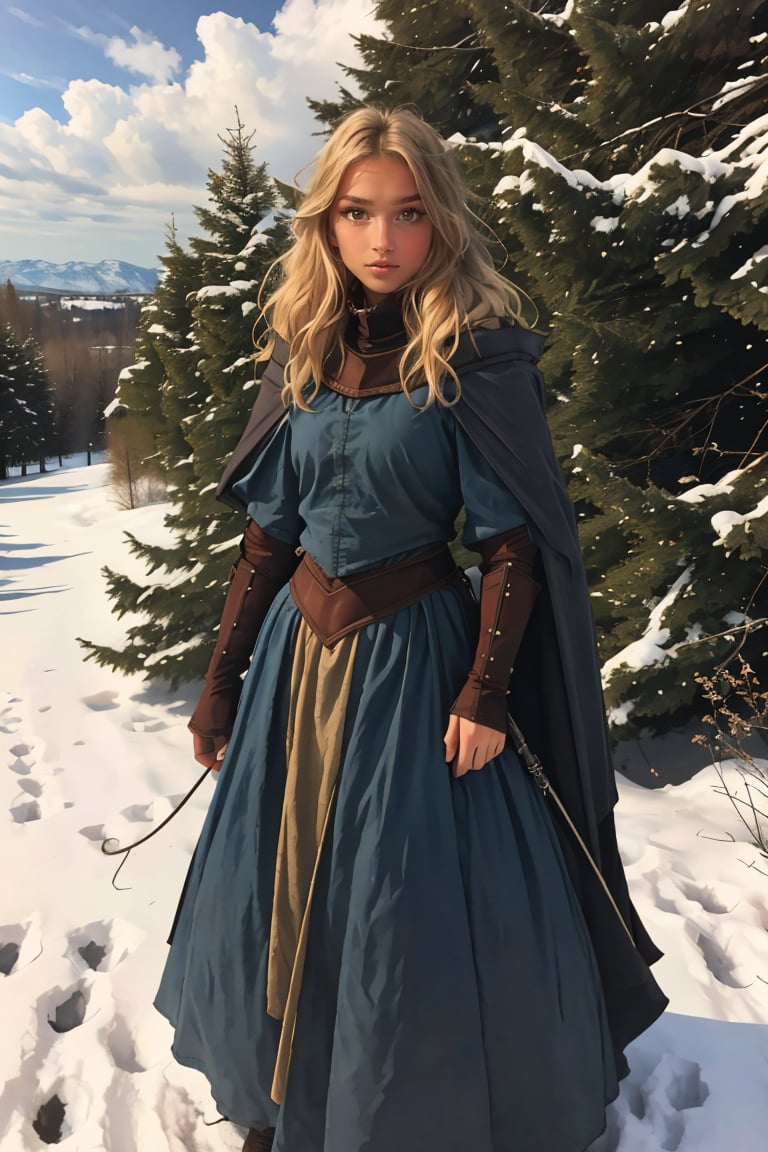 17 year old Medieval girl, named Sophie, medium blonde hair, blue eyes, medium breast, dynamic view, teen girl, full body, 17 years old, (masterpiece),, ultra high resolution, 8k, masterpiece UHD, unparalleled masterpiece, ultra realistic 8K, Atmospheric perspective. ((beautiful a vilage girl 17 years old )) blonde, in medivel Europe, in a beautiful village, pine trees, cottage, winter, (sleveless ), Medieval Time, Medieval Era, snowey mountain peakes in distant background, wearing medieval outfit