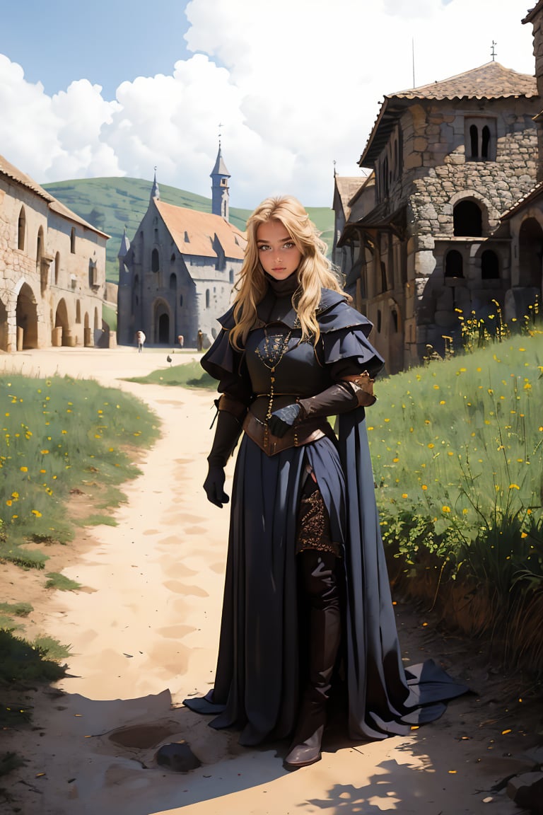 17 year old Medieval girl, named Sophie, medium blonde hair, blue eyes, medium breast, dynamic view, teen girl, full body, 17 years old, (masterpiece),, ultra high resolution, 8k, masterpiece UHD, unparalleled masterpiece, ultra realistic 8K, Atmospheric perspective. ((beautiful village girl 17 years old )) blonde, in medivel Europe, in a dark medieval village, Medieval Europe village, dark mood, (wearing whore medieval clothes), Medieval Time, Medieval Era, Medieval Castle in distant background, wearing medieval outfit, shes a street whore 