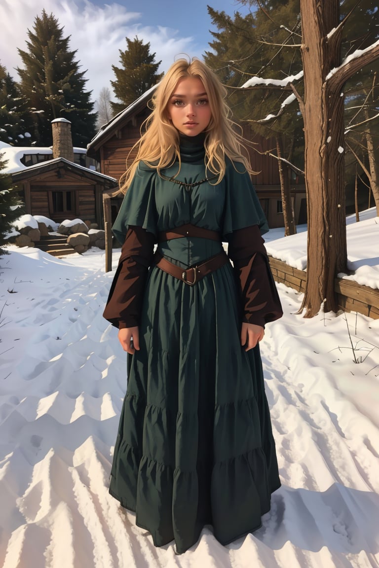 17 year old Medieval girl, named Sophie, medium blonde hair, blue eyes, medium breast, dynamic view, teen girl, full body, 17 years old, (masterpiece),, ultra high resolution, 8k, masterpiece UHD, unparalleled masterpiece, ultra realistic 8K, Atmospheric perspective. ((beautiful a vilage girl 17 years old )) blonde, in medivel Europe, in a beautiful village, pine trees, cottage, winter, (sleveless ), Medieval Time, Medieval Era, snowey mountain peakes in distant background, wearing medieval outfit