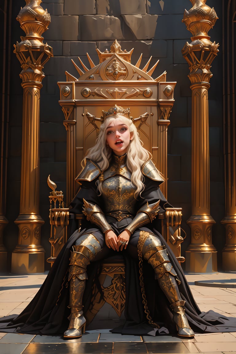 17 year old Medieval girl, daenerys targaryen, (full body), (((1woman, 1dragon))), In the background, a iron throne  is placed in the middle of a large hall in a dark palace. ((A very young and beautiful queen is sitting relaxed on the iron throne with a Devil laugh expression.)) A very huge black dragon is lying down and sleeping next to the throne. The queen is wearing a golden tiara and a white lace dress. , best quality, (((masterpiece))), high quality, realist, best detailed, RAW, 8K, details, DTstyle,More Detail,add
