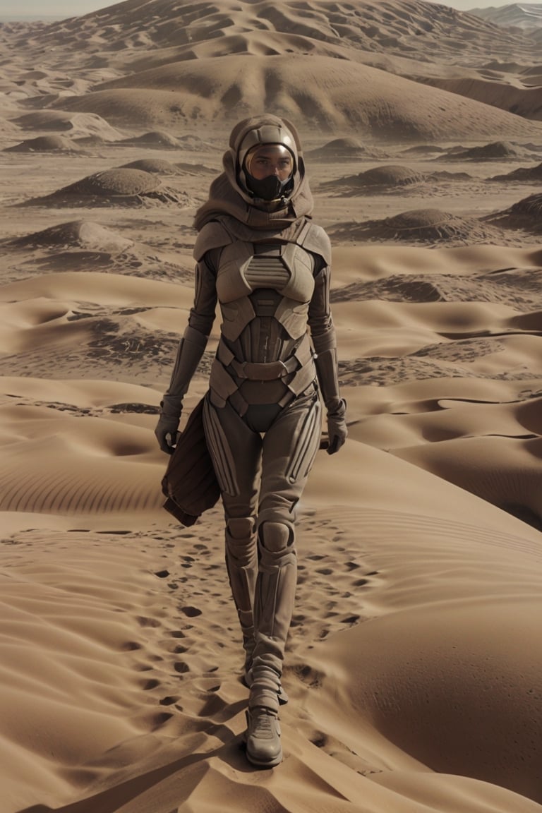 18 year old Russian girl, light brown hair girl, named Ivanna textured skin, ambient light, realistic shadows, beautiful detailed eyes, slender body, slim fit body, fit teen girl,  [[FULL BODY]], BREAK, Ivanna arrived on planet Arrakis (((DUNE))), shes wearing a stillsuit a respirator mask from Dune movie, at the background you see the arid landscape of planet Arrakis, ((Ivanna just arrived on the arid planet her spaceship crashed on the arid desert planet)), her spaceship is crashed in the arid landscape of the planet arrakis, Ivanna is observing the spaceship from a distance