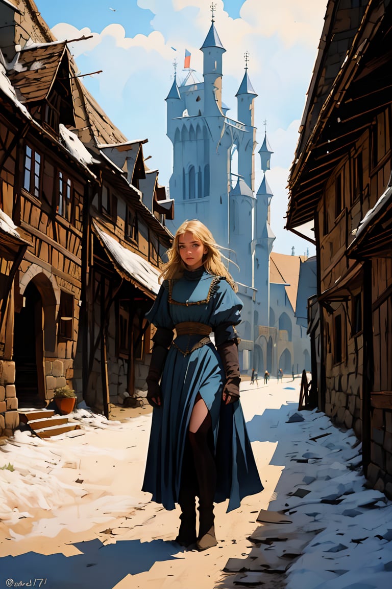 17 year old Medieval girl, named Sophie, medium blonde hair, blue eyes, medium breast, dynamic view, teen peasant girl, full body, 17 years old, (masterpiece), ultra high resolution, 8k, masterpiece UHD, unparalleled masterpiece, ultra realistic 8K, Atmospheric perspective. ((beautiful peasant girl 17 years old )) blonde, in medivel Europe, in a dark medieval village, Medieval Europe village, dark mood, (wearing torned clothes), Medieval Time, Medieval Era, Medieval Castle in distant background, wearing torned peasant clothes, shes a street whore ,sophia, wearing almost no clothes, all her clothes are trashed ,torn clothes