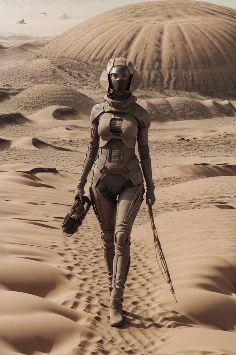 18 year old Russian girl, light brown hair girl, named Ivanna textured skin, ambient light, realistic shadows, beautiful detailed eyes, slender body, slim fit body, fit teen girl,  [[FULL BODY]], BREAK, Ivanna arrived on planet Arrakis (((DUNE))), shes wearing a stillsuit a respirator mask from Dune movie, at the background you see the arid landscape of planet Arrakis, ((Ivanna just arrived on the arid planet her spaceship crashed on the arid desert planet)), (((( RETRO DUNE MOVIE POSTER))))