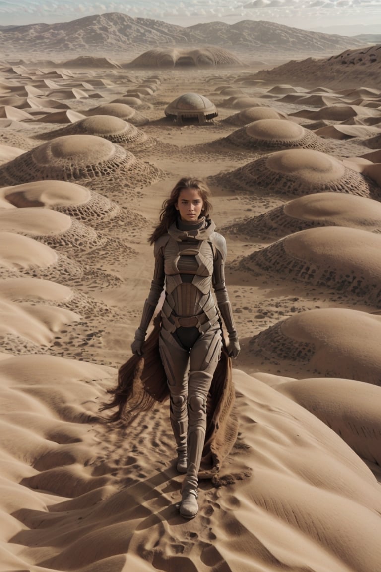 18 year old Russian girl, light brown hair girl, named Ivanna textured skin, ambient light, realistic shadows, beautiful detailed eyes, slender body, slim fit body, fit teen girl,  [[FULL BODY]], BREAK, Ivanna arrived on planet Arrakis (((DUNE))), shes wearing a stillsuit from Dune movie, at the background you see the arid landscape of planet Arrakis, ((Ivanna just arrived on the arid planet her spaceship crashed on the arid desert planet)) 