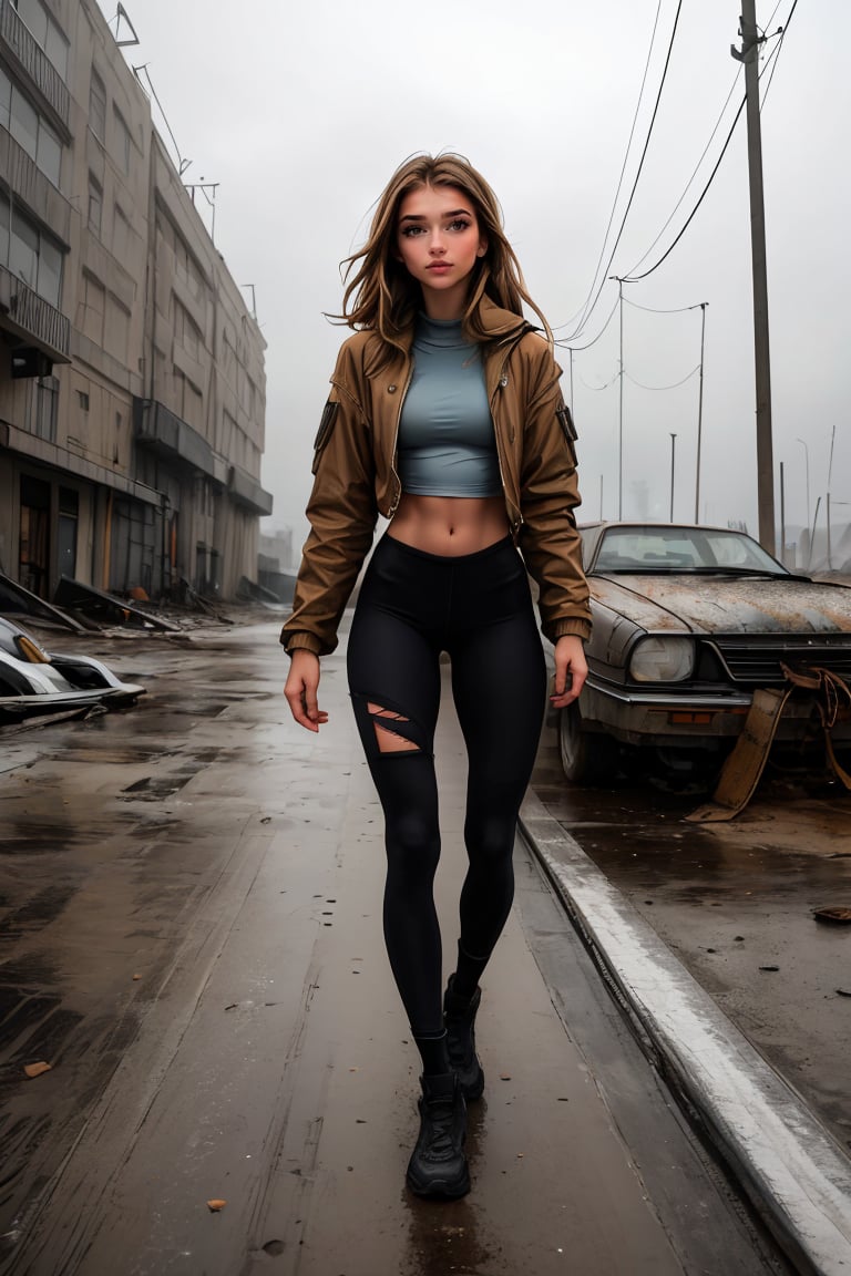 18  year old young Russian girl, named Natasha, ((long light brown hair)), blue shape eyes,medium breast, fit body, teen girl, full body, early 18 years old, slim fit body, slender fit body, young body figure, medium perfect breasts,(masterpiece), [[FULL BODY]], BREAK, Masterpiece, 8k, 4k, (1 girl), Dirty pretty skinny girl in a post-apocalyptic dystopian world, realistic environment, dark mood, Concept art by Soren Olsen, (natural skin texture, portrait), ripped shirt, ragged clothing, [(clean face):1.3], looking down, apocalypse, end of world, post-war, background detailed, destruction, foggy weather, sun shine, intricate details, (high definition, ultra high resolution, ultra realistic:1.1),photorealistic,post-apocalypic_fashion