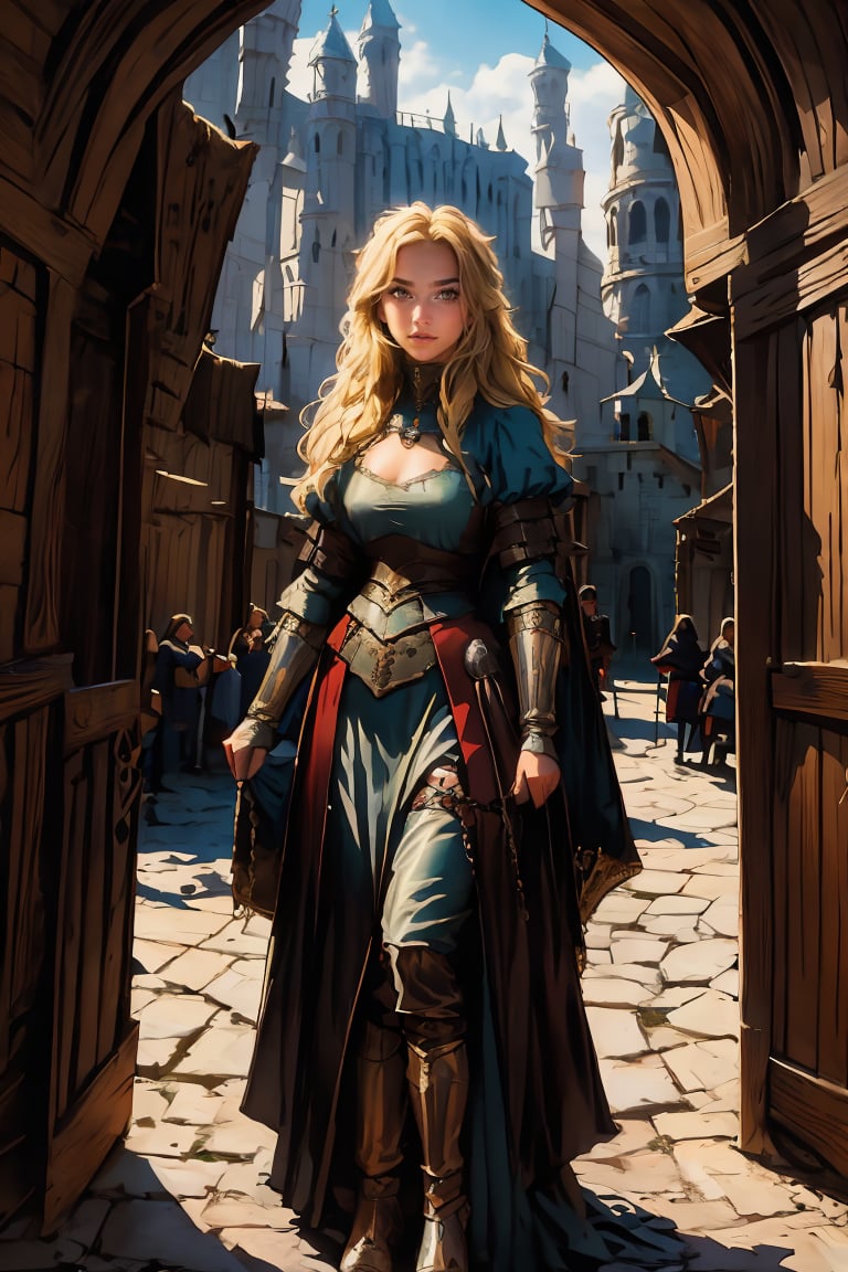 17 year old Medieval girl, named Sophie, medium blonde hair, blue eyes, medium breast, dynamic view, teen girl, full body, 17 years old, (masterpiece),, ultra high resolution, 8k, masterpiece UHD, unparalleled masterpiece, ultra realistic 8K, Atmospheric perspective. ((beautiful village girl 17 years old )) blonde, in medivel Europe, in a dark medieval village, Medieval Europe village, dark mood, (wearing whore medieval clothes), Medieval Time, Medieval Era, Medieval Castle in distant background, wearing torned peasant clothes, shes a street whore ,sophia