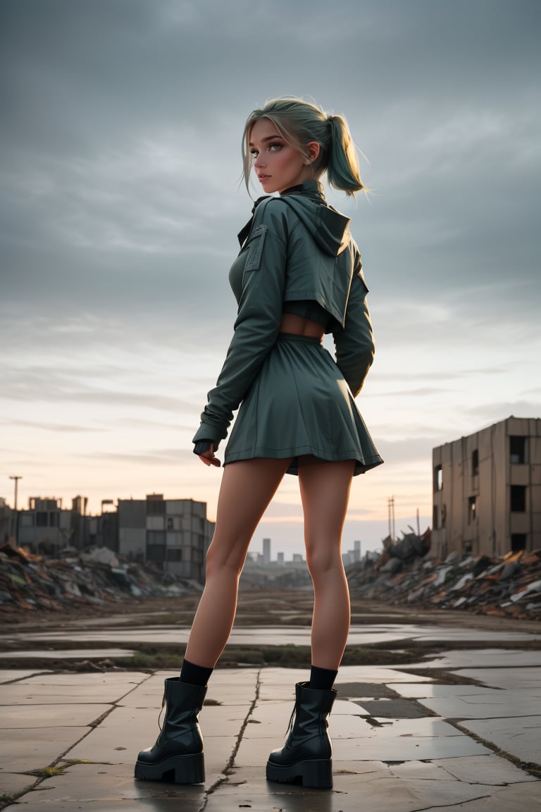 19 year old Russian girl, named Sophie slender fit body, fit body, slim body, ((long blonde hair), blue shape eyes,medium breast, fit body, teen girl, full body, 19 years old, (masterpiece),{{full body portrait}}, A lonely 18yr old girl in a nuclear wasteland. Wearing a dark grey low rise miniskirt, low waist miniskirt, {{chunky knit croptop cleavage sweater}} and long military parka, {{{exposed tummy and cleavage}}}, showing lots of thigh, bare legs, combat boots. faded green hair in twin pigtails, smudged dark gothic eye makeup. Concrete wall with Graffiti, The once thriving city now lies in ruins, with crumbling buildings and abandoned vehicles scattered amidst the desolation. Nature has started to reclaim the territory, with ((plants growing through cracks in the concrete)). The atmosphere is eerie, with a sense of loneliness and despair hanging in the air. The scene is bathed in a dark and moody light, emphasizing the post-apocalyptic setting. The girl's expression reflects her loneliness and the weight of the world she carries on her shoulders. The colors are muted, with a desaturated and faded palette, further enhancing the desolate mood of the scene., eyeliner, eyeshadow,SAM YANG,Solo girl,furiosaimp,1girl,DonMW4573L4nd, view from behind, back view, looking_at_viewer, looking back 