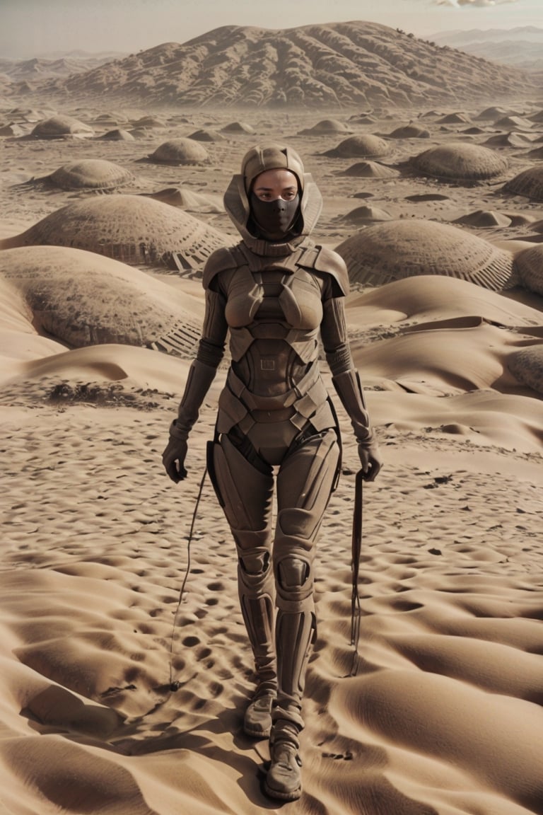 18 year old Russian girl, light brown hair girl, named Ivanna textured skin, ambient light, realistic shadows, beautiful detailed eyes, slender body, slim fit body, fit teen girl,  [[FULL BODY]], BREAK, Ivanna arrived on planet Arrakis (((DUNE))), shes wearing a stillsuit a respirator mask from Dune movie, at the background you see the arid landscape of planet Arrakis, ((Ivanna just arrived on the arid planet her spaceship crashed on the arid desert planet)), (((( RETRO DUNE MOVIE POSTER))))