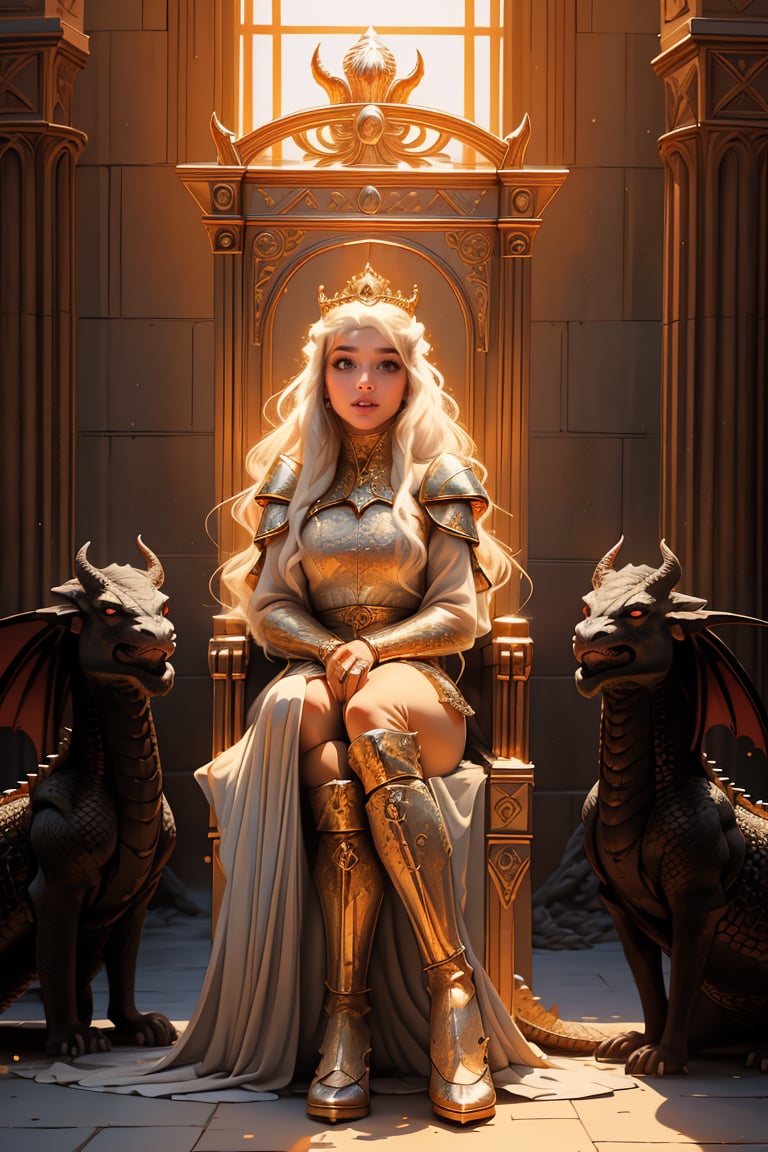 17 year old Medieval girl, daenerys targaryen, (full body), (((1woman, 1dragon))), In the background, a throne is placed in the middle of a large hall in a dark palace. ((A very young and beautiful queen is sitting relaxed on the throne with a Devil laugh expression.)) A very huge black dragon is lying down and sleeping next to the throne. The queen is wearing a golden tiara and a white lace dress. , best quality, (((masterpiece))), high quality, realist, best detailed, RAW, 8K, details, DTstyle,More Detail,add