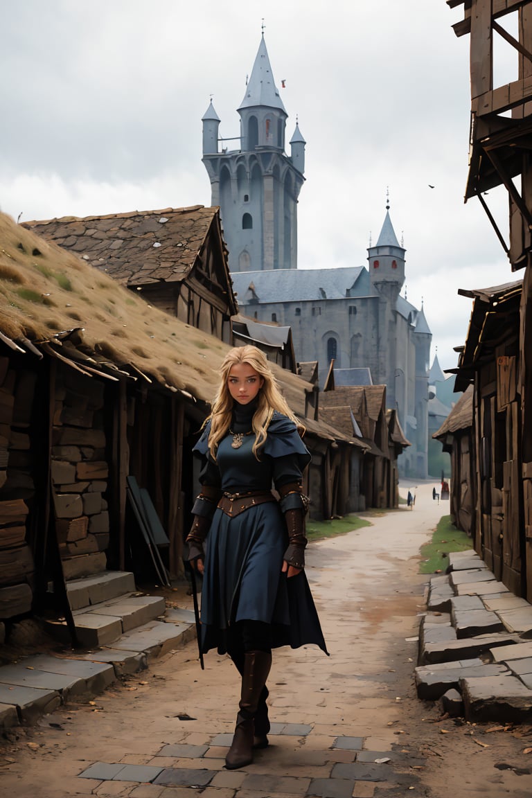 17 year old Medieval girl, named Sophie, medium blonde hair, blue eyes, medium breast, dynamic view, teen girl, full body, 17 years old, (masterpiece),, ultra high resolution, 8k, masterpiece UHD, unparalleled masterpiece, ultra realistic 8K, Atmospheric perspective. ((beautiful village girl 17 years old )) blonde, in medivel Europe, in a dark medieval village, Medieval Europe village, dark mood, (wearing torned clothes), Medieval Time, Medieval Era, Medieval Castle in distant background, wearing torned peasant clothes, shes a street whore ,sophia, wearing almost no clothes, all her clothes are trashed 