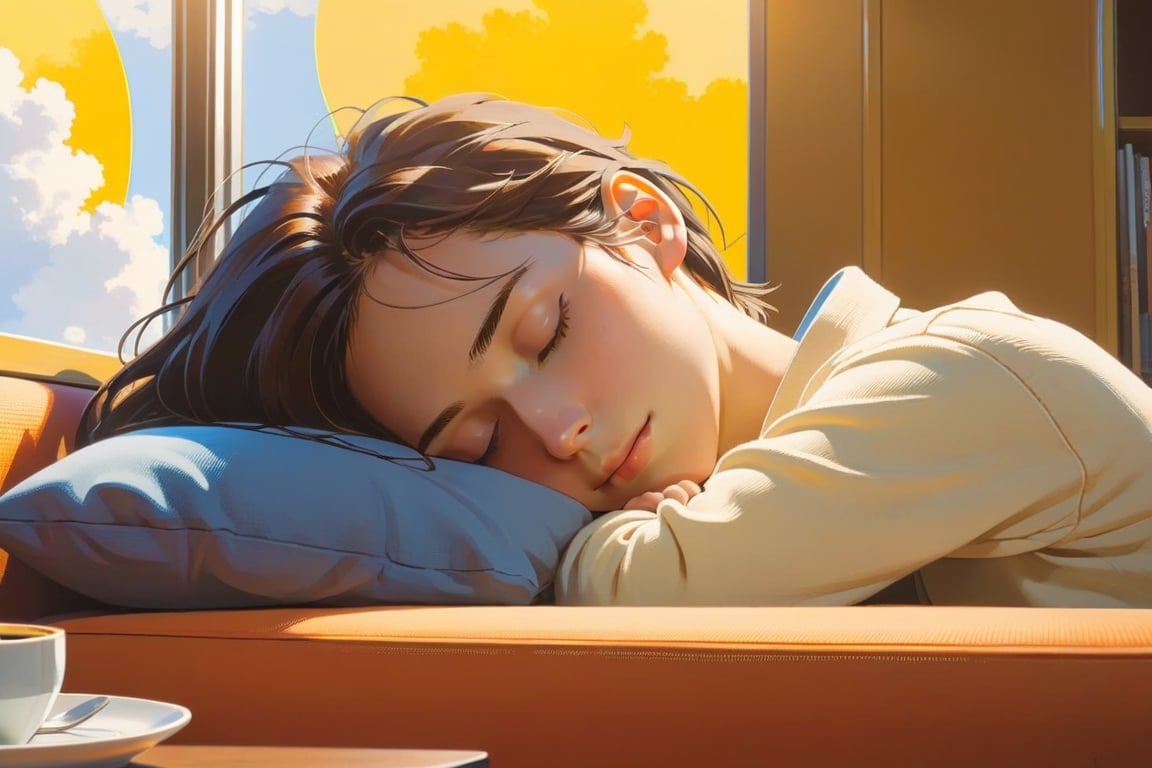 close up, a girl sleep on sofa ,coffee shop, golden ratio, fake detail, trending pixiv fanbox, acrylic palette knife, style of makoto shinkai studio ghibli genshin impact james gilleard greg rutkowski chiho aoshima, lofi style,